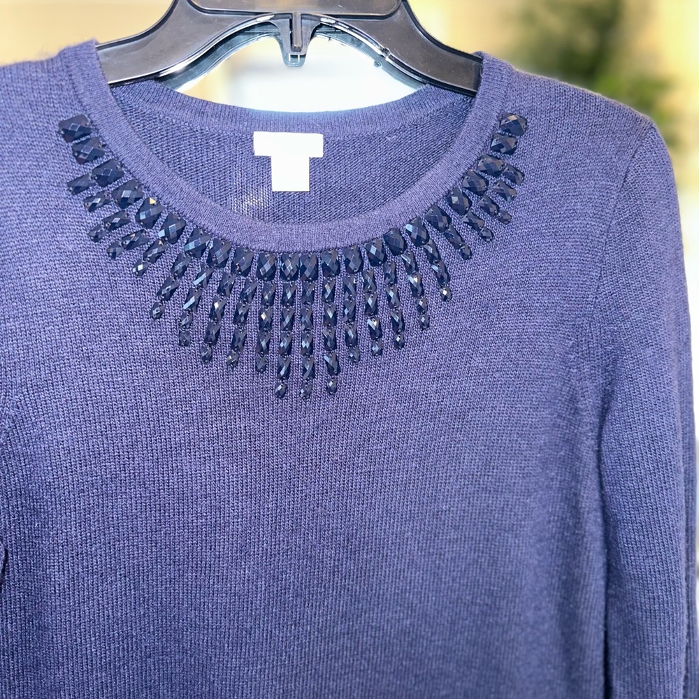 J. Crew Wool Blend Bejeweled Navy Sweater - Small